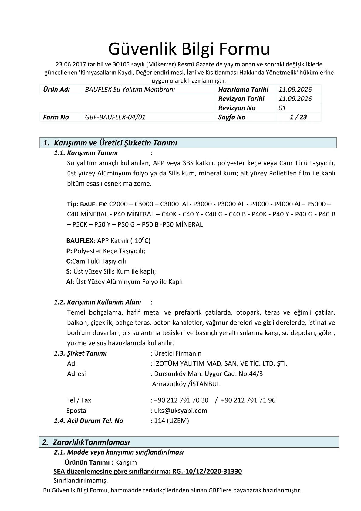 BAUFLEX Su Yalıtım Membranı Güvenlik Bilgi Formu