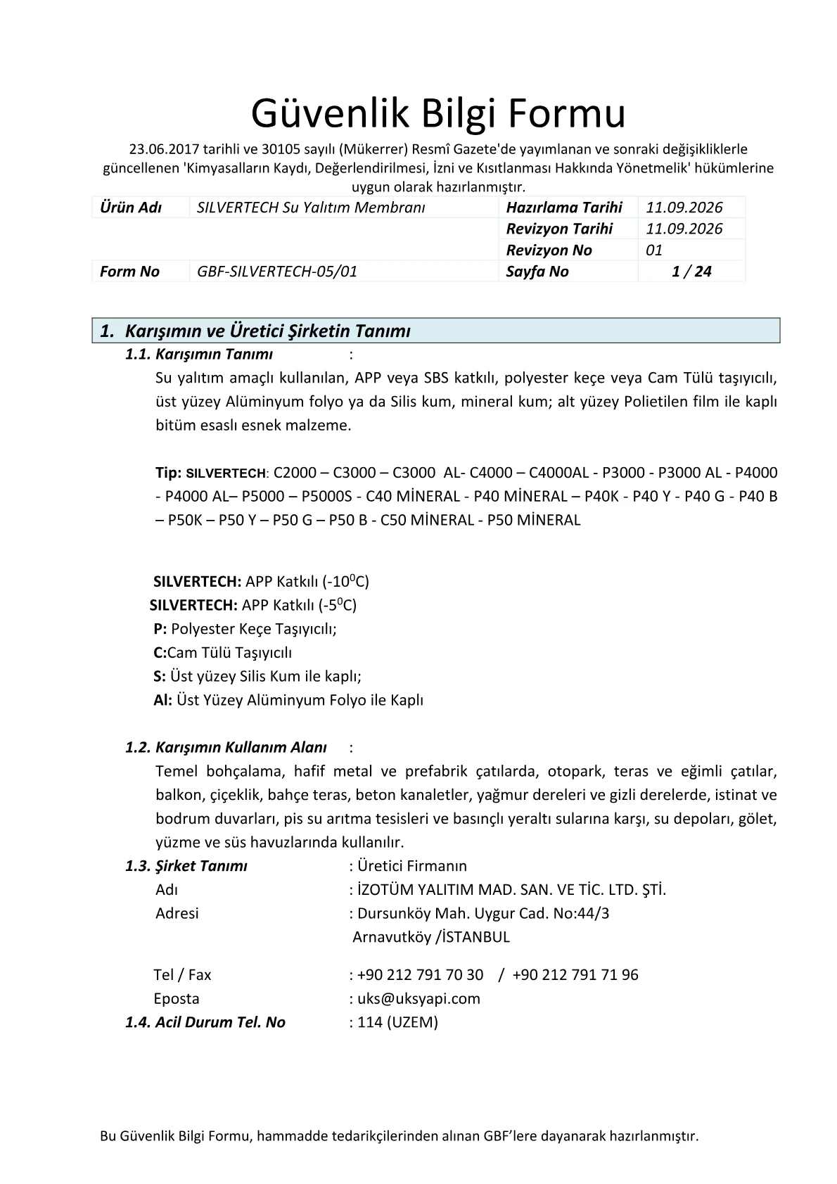 SILVERTECH Su Yalıtım Membranı Güvenlik Bilgi Formu