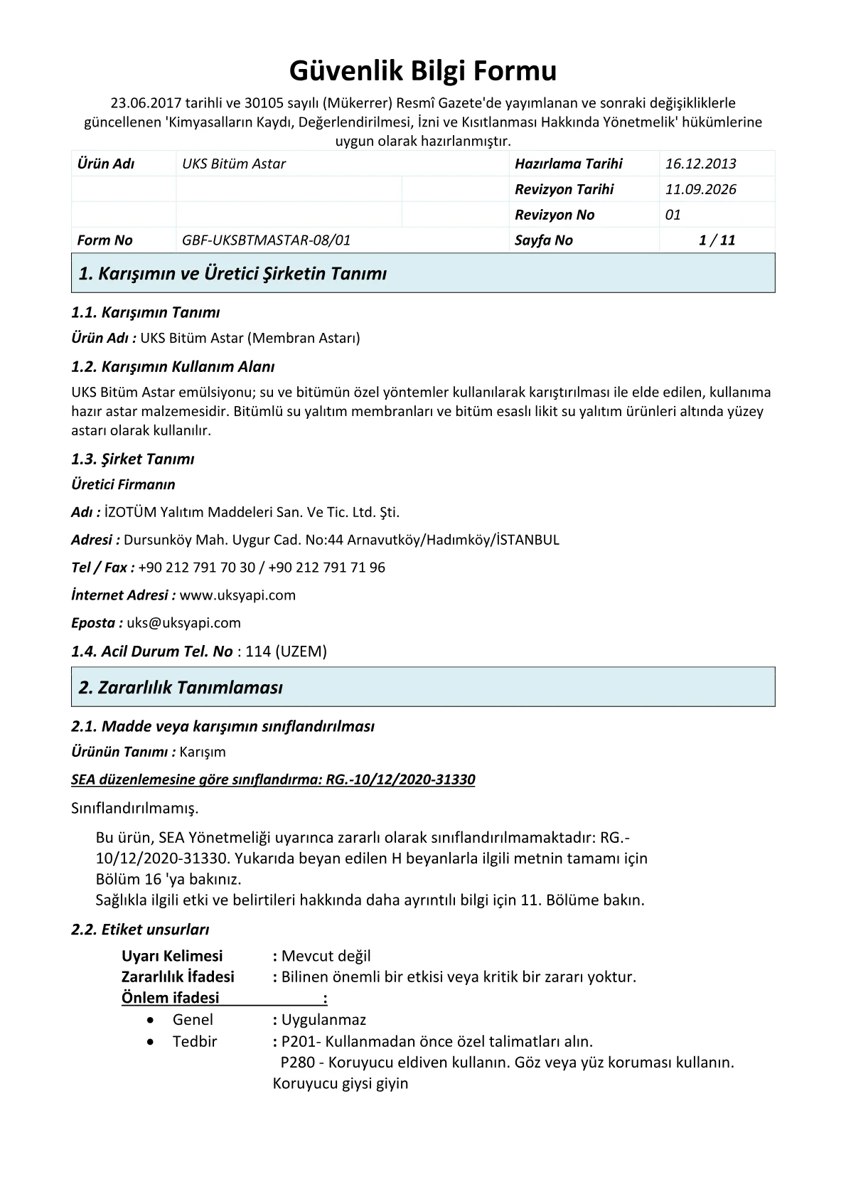 UKS Bitüm Astar Güvenlik Bilgi Formu