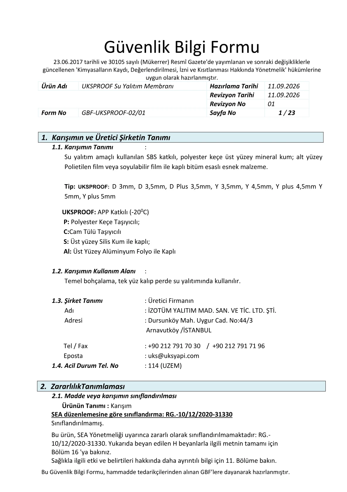 UKSPROOF Su Yalıtım Membranı Güvenlik Bilgi Formu