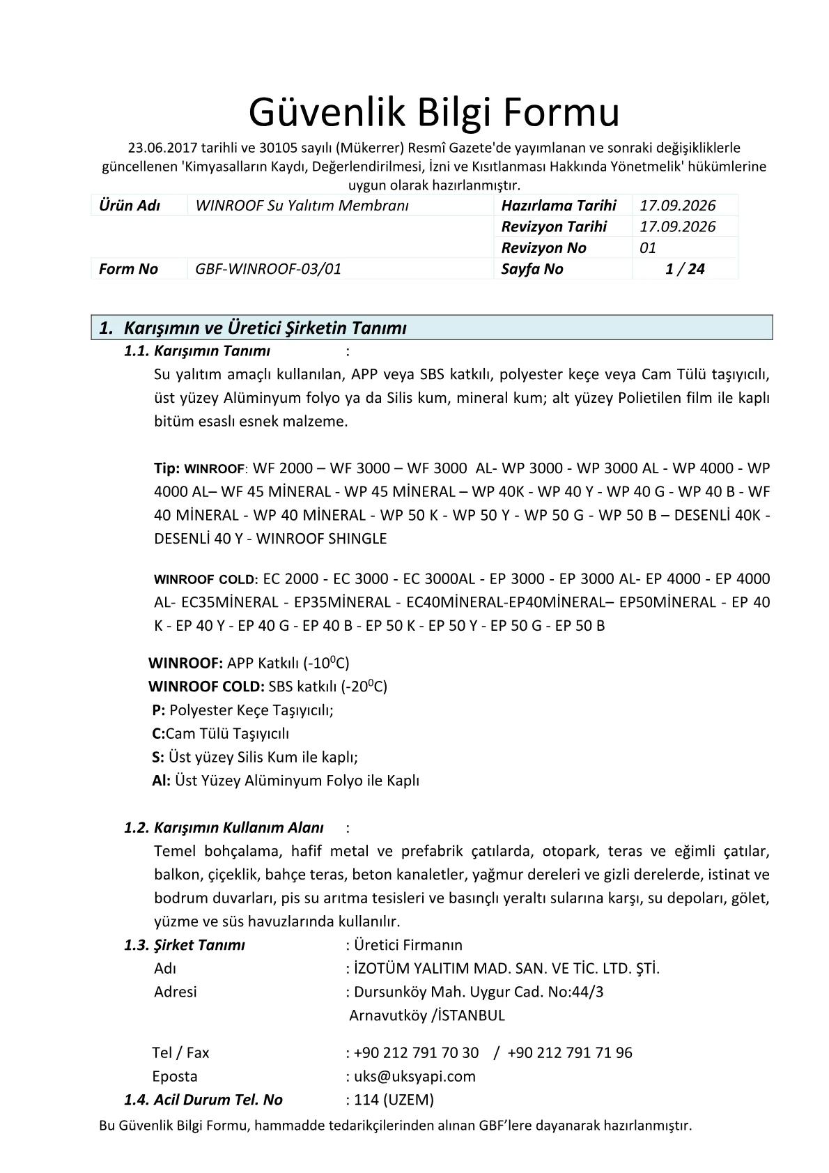 WINROOF Su Yalıtım Membranı Güvenlik Bilgi Formu